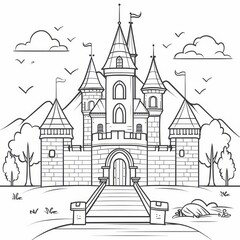A black and white illustration of a castle for coloring book. A large fairytale castle coloring page. Stress relief and relaxation concept.