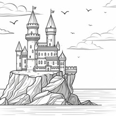 A black and white illustration of a castle for coloring book. A large fairytale castle coloring page. Stress relief and relaxation concept.