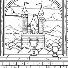 monochrome colouring page illustration of a goblet on the window sill of the tower in the fairy tale castle, close-up, coloring books. 