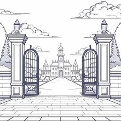 monochrome colouring page illustration of a Large gates of the fairy tale castle from the inner castle courtyard., coloring books. 