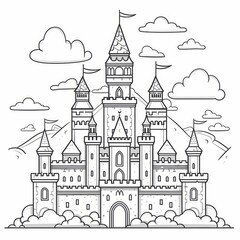 Fototapeta premium A black and white illustration of a castle for coloring book. A large fairytale castle coloring page. Stress relief and relaxation concept.