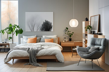 White wooden wardrobe in scandinavian style interior design of modern bedroom