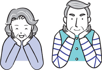 顔のしたを両手で多い肘をつく笑顔のシニア夫婦