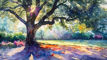 Gentle watercolor of a miraculous big tree casting long shadows on a colorful garden, the early morning sky tinted with soft pastels