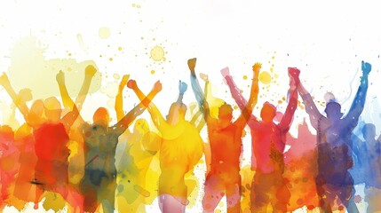 Inspirational watercolor illustration of a group celebrating their sports target achievements, with hands raised and joy evident on their faces