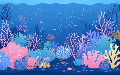 Underwater life at sea or ocean bottom. Exotic undersea world with coral reef, seaweeds and aquatic habitats in depth. Very beautiful colored flat cartoon vector