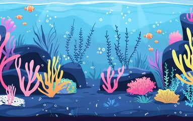 Underwater life at sea or ocean bottom. Exotic undersea world with coral reef, seaweeds and aquatic habitats in depth. Very beautiful colored flat cartoon vector