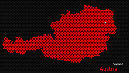 A map of Austria, with a dark background and the country's outline in the shape of a colored hexagon, centered around the capital. A simple sketch of the country