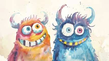 Obraz premium Playful watercolor of two cartoon monsters standing together, their oversized eyes and big smiles adding humor and charm to the painted imitation