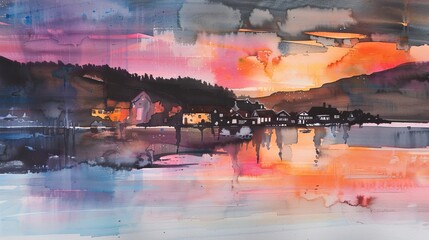 Serene watercolor of a coastal village at dusk, the sky painted in warm pink and orange tones, reflecting peacefully on the water's surface