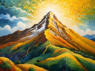Abstract Multicolor Mountain Nature with Sun. Oil Bubbles Background. Mixed Texture Background. Liquid color backdrop. 
