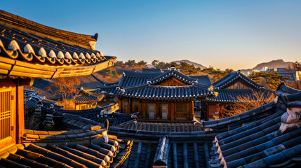 Naklejka premium Majestic view of a historic Korean palace with traditional tiled roofs glowing under the warm daylight, clear blue sky