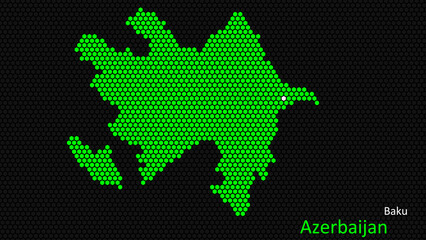 Fototapeta premium A map of Azerbaijan, with a dark background and the country's outline in the shape of a colored hexagon, centered around the capital. A simple sketch of the country