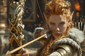 Obraz premium Elf Archer Battle Ready: Intricate Illustration of Fierce Warrior