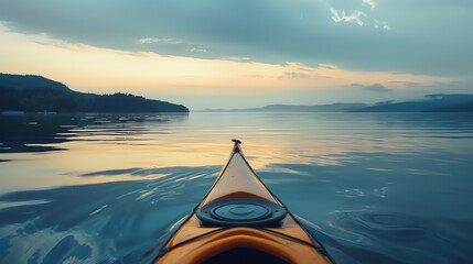 The image is of a person kayaking on a lake. The water is calm and still. The sky is blue and there are some clouds in the distance.
