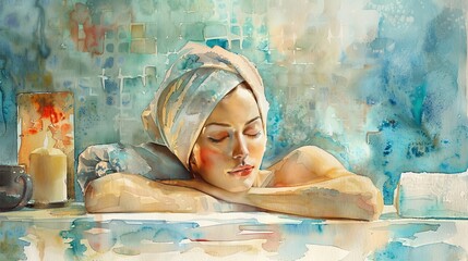 Vivid watercolor scene of a tranquil spa salon, the woman resting with a warm towel wrap on her head and soft ambient light streaming through