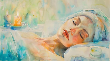 Vivid watercolor scene of a tranquil spa salon, the woman resting with a warm towel wrap on her head and soft ambient light streaming through