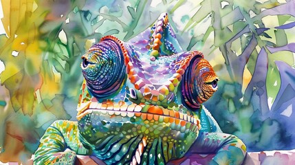 Vibrant watercolor close-up of a smiling chameleon, its bright sunglasses reflecting the colorful forest canopy around it