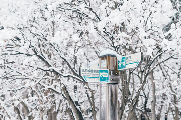 Hirosaki Castle direction sign or Takaoka Castle entrance with snow in winter, Japanese castle...