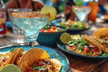 Vibrant Mexican Spread with Tacos and Margaritas at Party