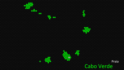 A map of Cabo Verde, with a dark background and the country's outline in the shape of a colored hexagon, centered around the capital. A simple sketch of the country