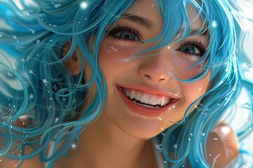 Vibrant Digital Painting: Happy Anime Girl with Long Wavy Blue Hair and Chubby Cheeks