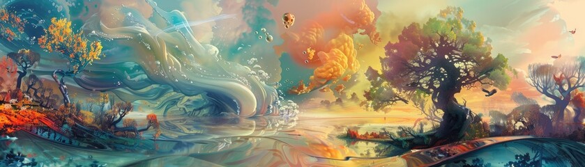 An ethereal and whimsical landscape with colorful trees and dreamy skies, blending fantasy with nature.