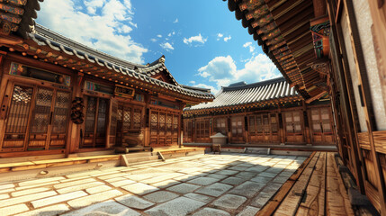 Naklejka premium Peaceful traditional Korean temple with intricate woodwork, set against a backdrop of a vivid blue sky