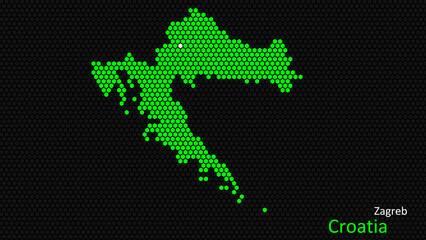 A map of Croatia, with a dark background and the country's outline in the shape of a colored hexagon, centered around the capital. A simple sketch of the country