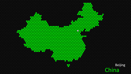 A map of China, with a dark background and the country's outline in the shape of a colored hexagon, centered around the capital. A simple sketch of the country