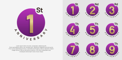 anniversary logotype vector set with purple color circle and gold number can be use for celebration moment