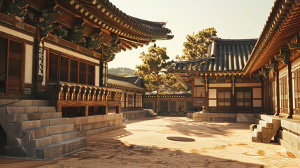 Naklejka premium an ancient Korean palace, warm sunlight bathing the intricate wooden architecture, clear sky above