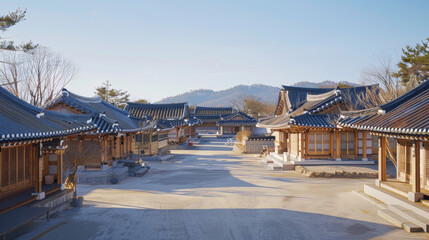 Naklejka premium traditional Korean village with tiled roofs and wooden structures under a clear blue sky, warm and inviting atmosphere