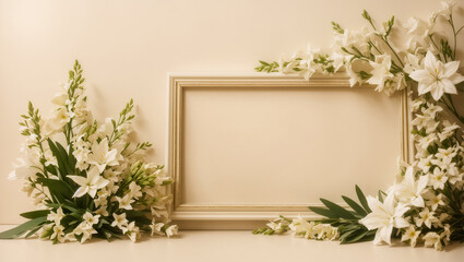  a frame with white flowers next to it.