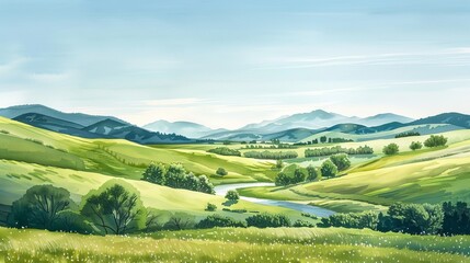 Obraz premium Watercolor painting of a serene countryside vista with rolling green hills and a winding river flowing through, set under a clear blue sky