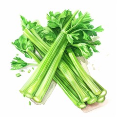 Watercolor painting of a bunch of crisp green celery stalks with their fibrous texture and refreshing taste, on isolated white background, Generative AI