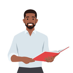 Man is holding a book in his hand. Teaching class or reading for exam. Flat vector illustration isolated on white background