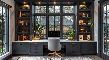 A contemporary home office with black built-in shelving, white desk, and gold desk accessories,...