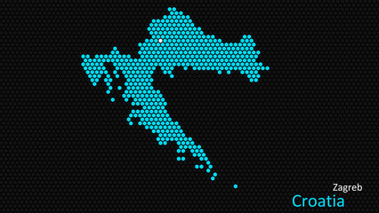 A map of Croatia, with a dark background and the country's outline in the shape of a colored hexagon, centered around the capital. A simple sketch of the country