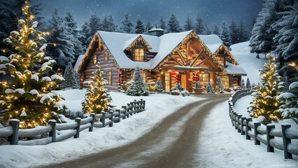 Fototapeta premium Log Cabin decorated for Christmas