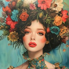 Una linda imagen de una encantadora mujer blanca con flores en la cabeza