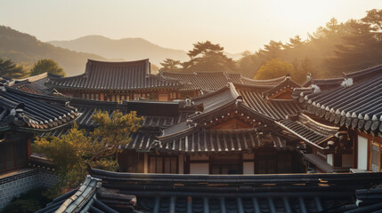 Naklejka premium the intricate roof details of a traditional Korean house, bathed in warm sunlight with a clear sky