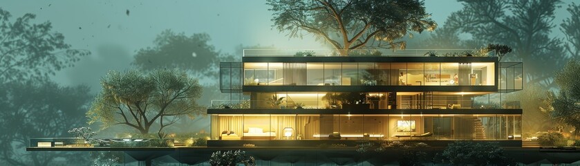Fototapeta premium The image shows a modern glass house with a green roof in the middle of a forest.