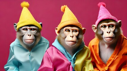 imaginative animal notion. A group of monkeys dressed in colorful, wacky, and mismatched clothing are separated against a bright background for an advertisement and copy space. birthday celebration in