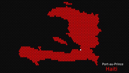 A map of Haiti, with a dark background and the country's outline in the shape of a colored hexagon, centered around the capital. A simple sketch of the country