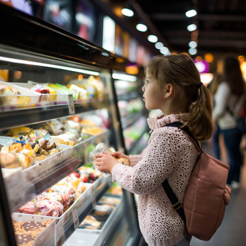 Ni&ntilde;a eligiendo alimentos frente a vitrina de supermercado