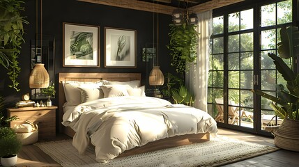 A cozy bedroom retreat with black accent walls, white bedding, and gold accents, creating a warm...