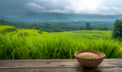 Rice grains in a bamboo basket on a wooden table and a rice field is the background view
