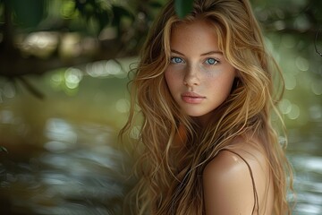 Fototapeta premium Golden-Haired Beauty at The Tranquil Lake