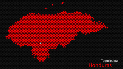 A map of Honduras, with a dark background and the country's outline in the shape of a colored hexagon, centered around the capital. A simple sketch of the country